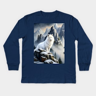 White Wolf Hunting Ground, Winter Mountain Wild Icy Moon, Forest, Galaxy Beautiful gifts Novelty Animal Pattern Fashion T-Shirt T-Shirt Kids Long Sleeve T-Shirt